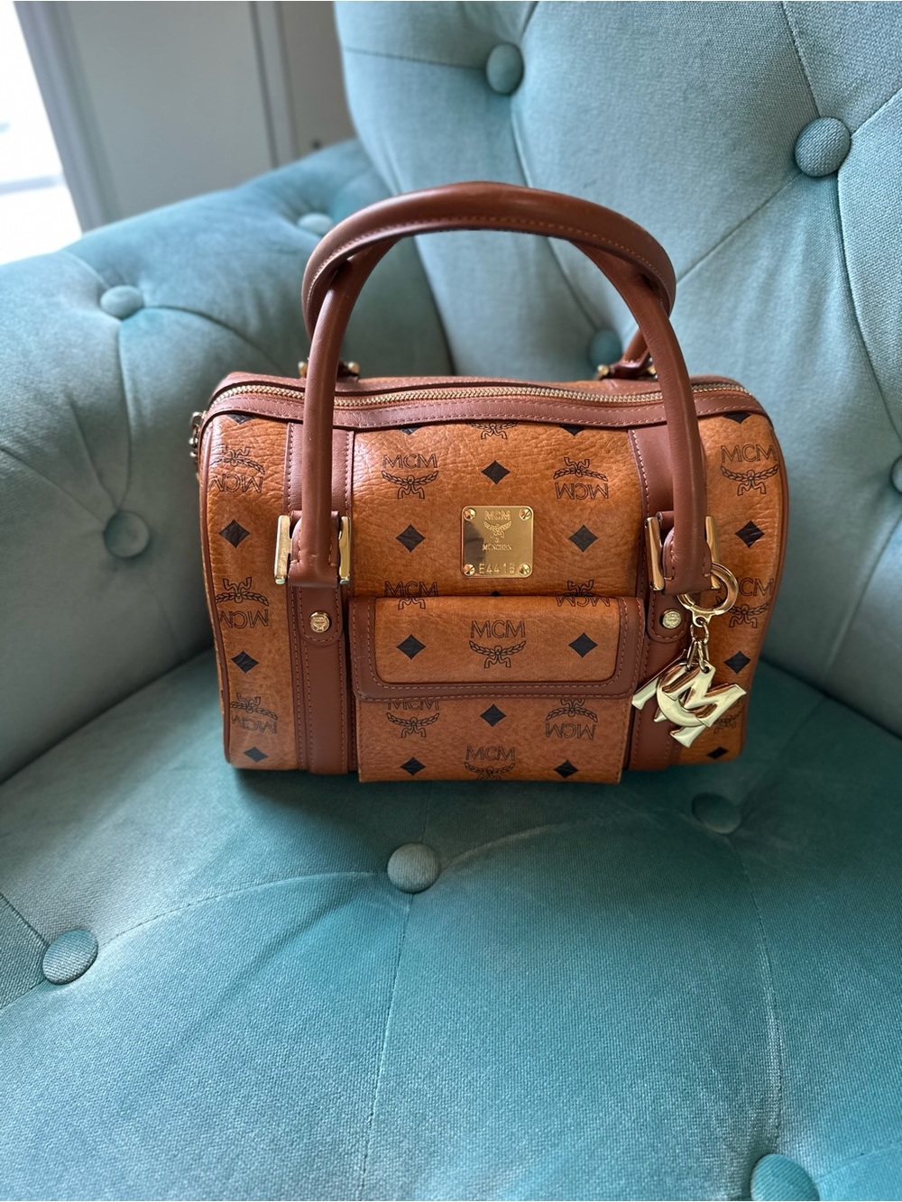 MCM Cognac Brown Visetos Mini Boston Satchel with Gold Hardware